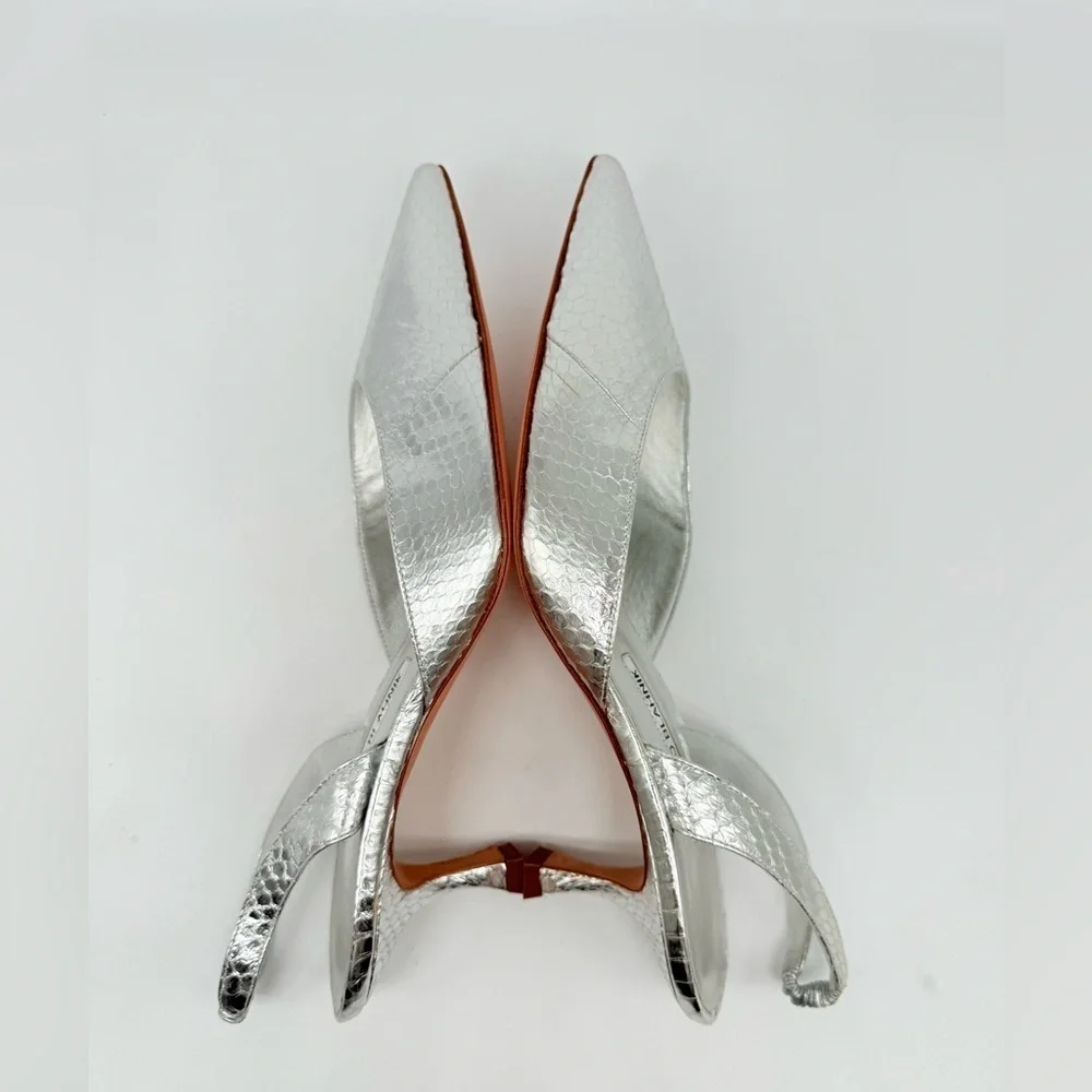 Manolo Blahnik Metallic  silver Snakeskin Carolyne 50mm slingback pumps EU 41